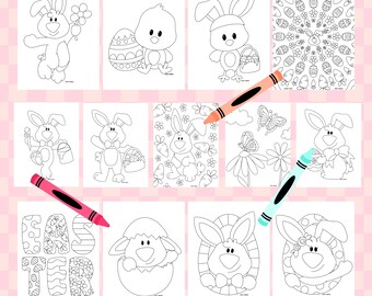 May include: A set of ten black and white colouring pages featuring Easter-themed illustrations. The pages include bunnies, chicks, eggs, flowers, and butterflies. The pages are perfect for children to colour and celebrate Easter.