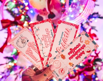 May include: Four pink Christmas gift vouchers with festive illustrations and text. The vouchers read "A night of Christmas lights", "Movie night", "Bake Christmas cookies", and "Santa Claus".