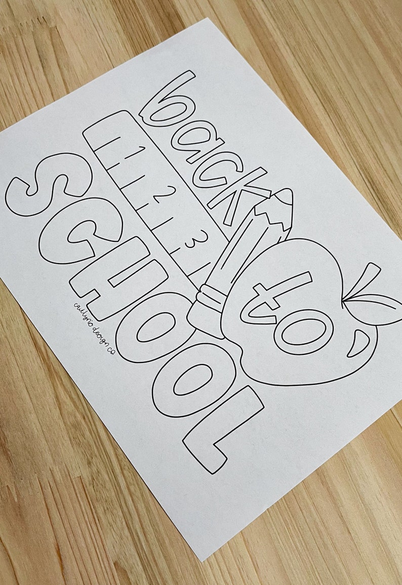 May include: Black and white line art coloring page with the words "back to school" and images of a pencil, ruler, and apple.