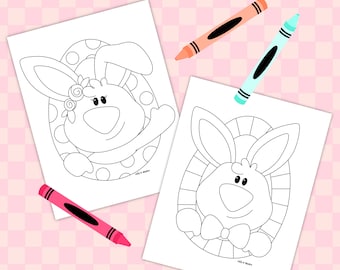 May include: Two black and white colouring pages featuring Easter bunnies inside eggs. One bunny has a bow and the other has a flower on its head.