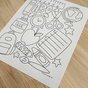 May include: A black and white coloring page featuring various school supplies, including a ruler, pencil, scissors, glue, apple, alarm clock, globe, notebook, crayon, paintbrush, and stars.