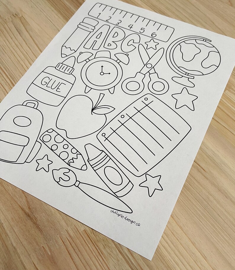 May include: A black and white coloring page featuring various school supplies, including a ruler, pencil, scissors, glue, apple, alarm clock, globe, notebook, crayon, paintbrush, and stars.