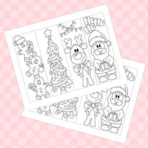 May include: Two white paper sheets with Christmas-themed illustrations. The designs include gingerbread men, a Christmas tree, a reindeer with a bow, and Santa Claus holding a gift. The text "Ho Ho Ho" is also present.