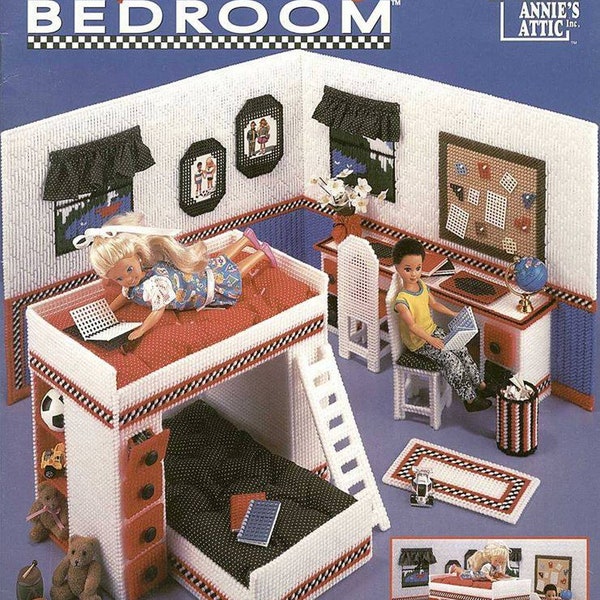 Plastic Canvas Digital PDF Pattern Leaflet Barbie Fashion Doll Sleep and Study Bedroom