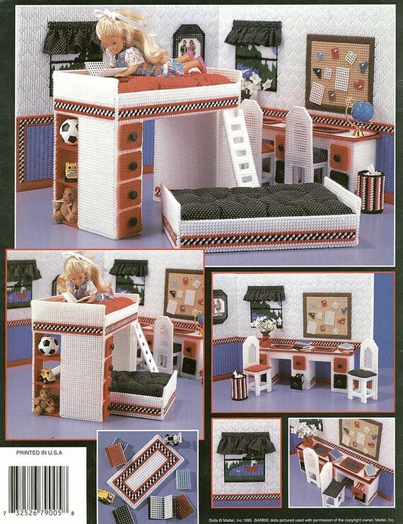 Plastic Canvas Digital PDF Pattern Leaflet Barbie Fashion Doll Sleep and Study Bedroom