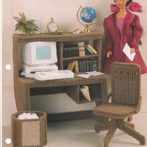 Plastic Canvas Digital PDF Pattern At the Office Furniture Computer Desk Chair Wastebasket Barbie Fashion Doll