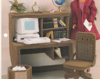 Plastic Canvas Digital PDF Pattern At the Office Furniture Computer Desk Chair Wastebasket Barbie Fashion Doll