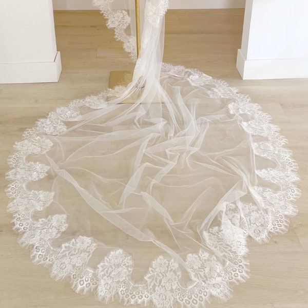 MARIA //Eyelash Lace Mantilla Cathedral Long Veil, Unique Wedding Veil, Bridal Lace Wedding Veil, lace edge veil, mantilla bridal veil