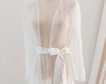 VERA // Sequin Diamond Sparkly Wedding Bridal Robe • Glam Boudoir Robe • Maternity Robe • Wedding Robe• Transparent Robe bridal morning look