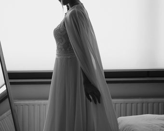 Long Chiffon Wedding Cape wedding bridal Shoulder cover up Bridal Jacket cape modern wedding cape cathedral cape veil alternative / LAYLIE