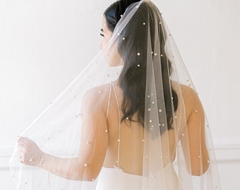 ARISSA // Flat Pearl Modern Cathedral Long Veil, Tulle Wedding Veil, pearl wedding Bridal Veil, Simple pearl wedding veil, pearl core bride