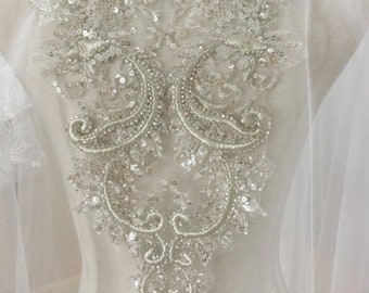 Bridal Silver Sequin Floral Detail Applique, Bridal Bodice applique, bridal gown back applique, Lace Applique for gown, DIY wedding dress