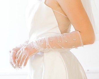 PARIS //Pearl Long Tulle Bridal Gloves,ChicBride Wedding Gloves,pearl tulle Gloves, pearl core bridal sleeve, bridal sleeves,wedding sleeves
