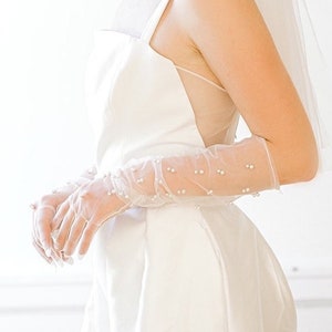 PARIS //Pearl Long Tulle Bridal Gloves,ChicBride Wedding Gloves,pearl tulle Gloves, pearl core bridal sleeve, bridal sleeves,wedding sleeves