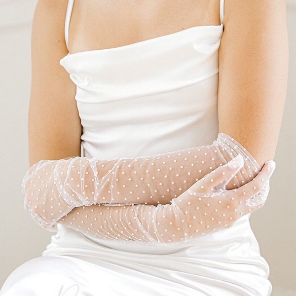 BEATRICE //Long Tulle Bridal Gloves, Chic Bride Wedding Gloves,Swiss Dot Tulle Gloves, Polka Dot Lace Tulle elbow long sheer Women Gloves