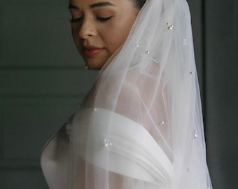 DITA // Pearl Cluster Cathedral Long Veil, Tulle Wedding Veil,pearl wedding Bridal Veil,Simple soft sheer wedding veil, long chapel veil