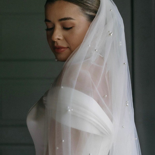 DITA // Pearl Cluster Cathedral Long Veil, Tulle Wedding Veil,pearl wedding Bridal Veil,Simple soft sheer wedding veil, long chapel veil