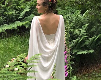 YELENA //Chiffon Wedding Cape ,wedding bridal Shoulder cover up,Bridal Jacket cape, wedding cape, modern wedding cape, chiffon Watteau train