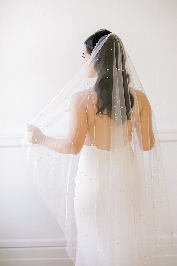 Bridal Tulle Long Cathedral Veils With Pearl