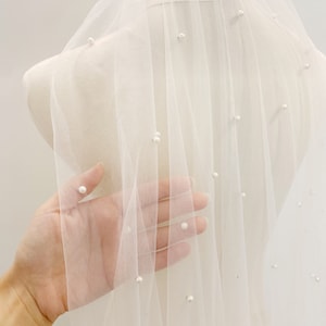 Jessica // Small Pearl Flat Pearl Modern Cathedral Long Veil, Tulle Wedding Veil, pearl wedding Bridal Veil, Simple pearl wedding veil,