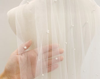 Jessica // Small Pearl Flat Pearl Modern Cathedral Long Veil, Tulle Wedding Veil, pearl wedding Bridal Veil, Simple pearl wedding veil,