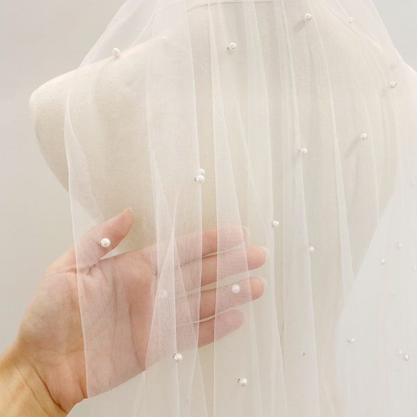 Jessica // Small Pearl Flat Pearl Modern Cathedral Long Veil, Tulle Wedding Veil, pearl wedding Bridal Veil, Simple pearl wedding veil,