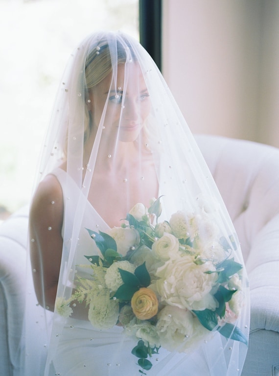 NO COMB Pearl Drop Veil Cathedral Face Cover Tulle Wedding Veil