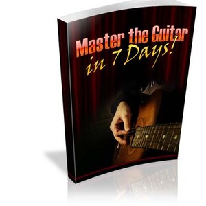 May include: A book cover with a red curtain background and a person playing a guitar. The title of the book is "Master the Guitar in 7 Days!"