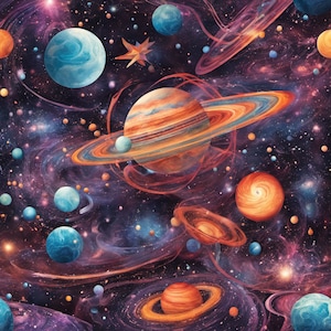 Psychedelischer Kosmos Universum mit wirbelnden Planeten und Galaxien. KI Kunst. Digitaldruck. SOFORTIGER Download. 4 Bilder Paket.