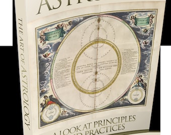 Könnte beinhalten: Ein Buch mit dem Titel "The Art of Astrology" mit einer Vintage-Illustration einer Himmelskarte auf dem Cover. Der Buchtitel ist in goldenen Lettern auf cremefarbenem Hintergrund. Der Untertitel lautet "A Look at Principles and Practices".