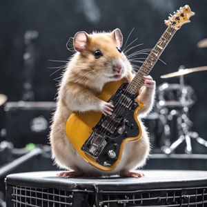 Cute hamster playing guitar on concert stage. AI art. Instant digital download. PRINTABLE.