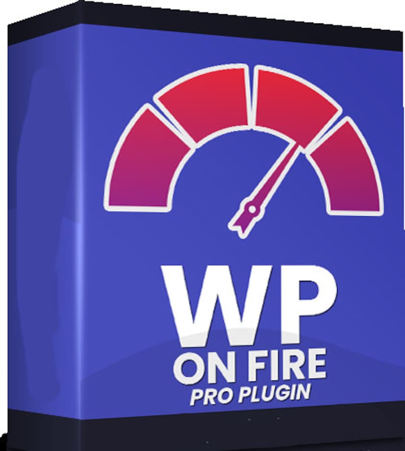 Peut inclure: Une bo&icirc;te bleue avec une ic&ocirc;ne de compteur de vitesse blanche et le texte "WP ON FIRE PRO PLUGIN".