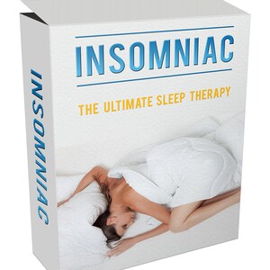 Pode incluir: Uma capa de livro branca com o texto "INSOMNIAC THE ULTIMATE SLEEP THERAPY" em azul e amarelo. Uma mulher está dormindo em uma cama branca com um cobertor branco.