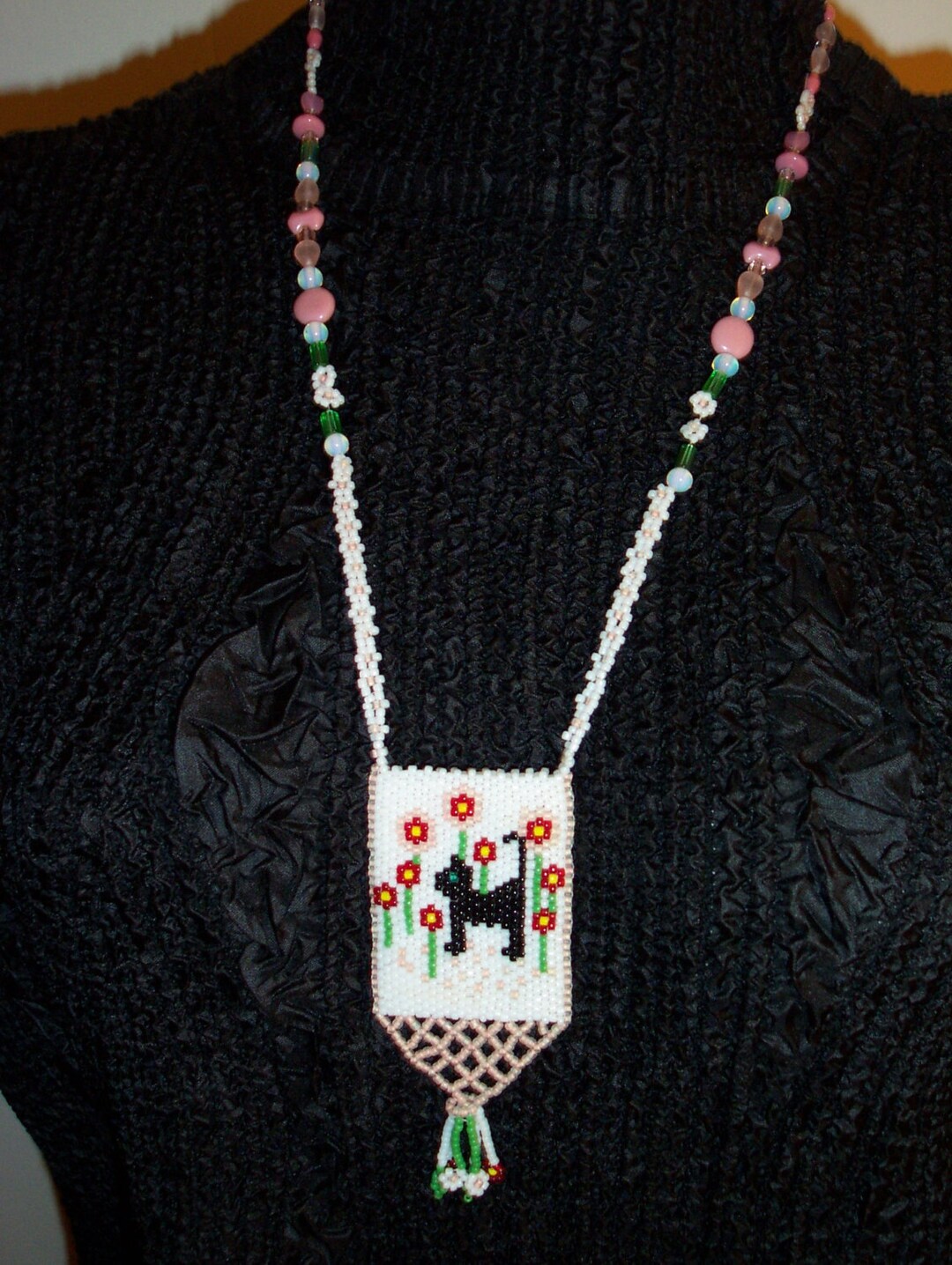 Beaded Necklace Black Cat With Red Flowers, Charming Little Purse or ...