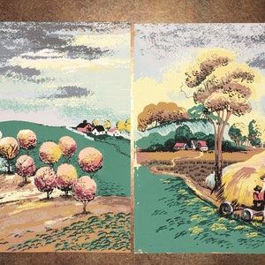 May include: Two vintage paintings depicting rural scenes. The left painting shows a farm with a horse-drawn wagon and a man in a field. The right painting shows a farm with a hay bale and a man and woman in a field.