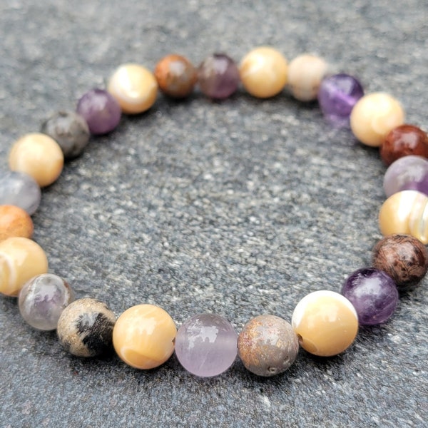 Mauryan Majesty • Handmade Beaded Gemstone Bracelet Inspired by the Maurya Empire with Amethyst, Fossilized Coral, & Mother of Pearl Beads