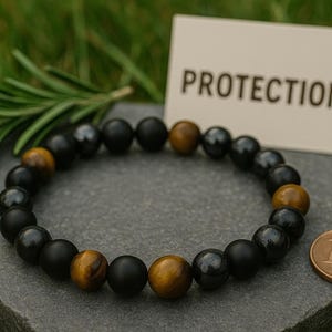 Bracelet of Protection | Handcrafted Bracelet with Black Tourmaline, Onyx, Yellow Tiger Eye, & Hematite Gemstone Beads