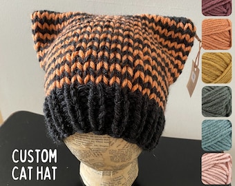 Custom Knitted Striped Cat Ear Beanie Hat - You Choose the Stripe Colors - Hand Knit - Chunky Wool-Blend Yarn