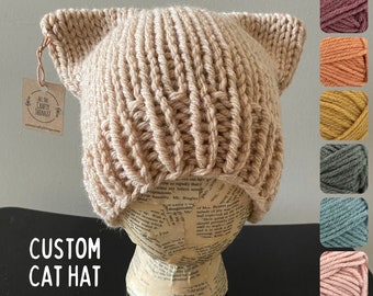 Custom Knitted Cat Ear Beanie Hat - You Choose the Color - Hand Knit - Chunky Wool-Blend Yarn