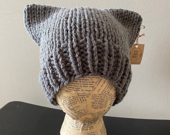 Cat Ear Beanie Hat - Charcoal Gray - Hand Knit - Chunky Wool Yarn