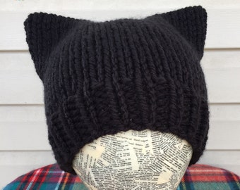 Knitted Kitty Cat Ear Beanie Hat Handmade Chunky