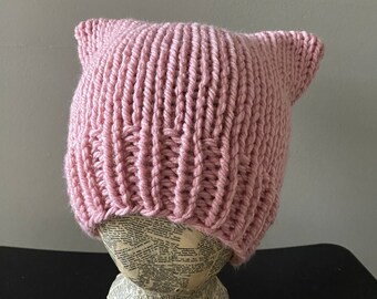 Cat Ear Beanie Hat - Hand Knit - Chunky Yarn - Rose Pink