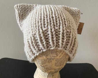 Cat Ear Beanie Hat - Light Gray - Hand Knit - Chunky Wool Yarn