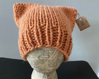 Cat Ear Beanie Hat - Hand Knit - Chunky Wool Yarn - Orange