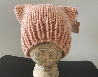 Cat Ear Beanie Hat - Hand Knit - Chunky Wool Yarn - Pink