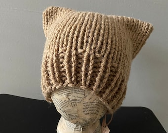 Cat Ear Beanie Hat - Hand Knit - Chunky Wool Yarn - Taupe Tan Brown