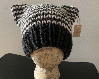 Striped Cat Ear Beanie Hat - Black and Gray Stripes - Hand Knit - Chunky Wool-Blend Yarn