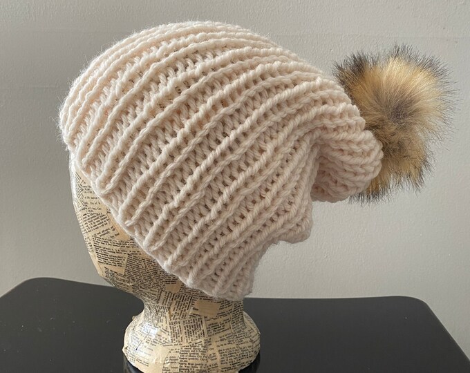 Hand Knit Chunky Slouchy Beanie Hat Toque in Cream Ivory