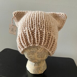 Cat Ear Beanie Hat - Beige - Hand Knit - Soft Wool Yarn