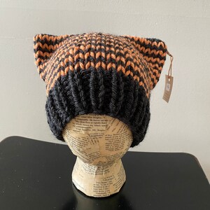 Striped Cat Ear Beanie Hat - Black and Orange Stripes - Hand Knit - Chunky Wool Blend Yarn